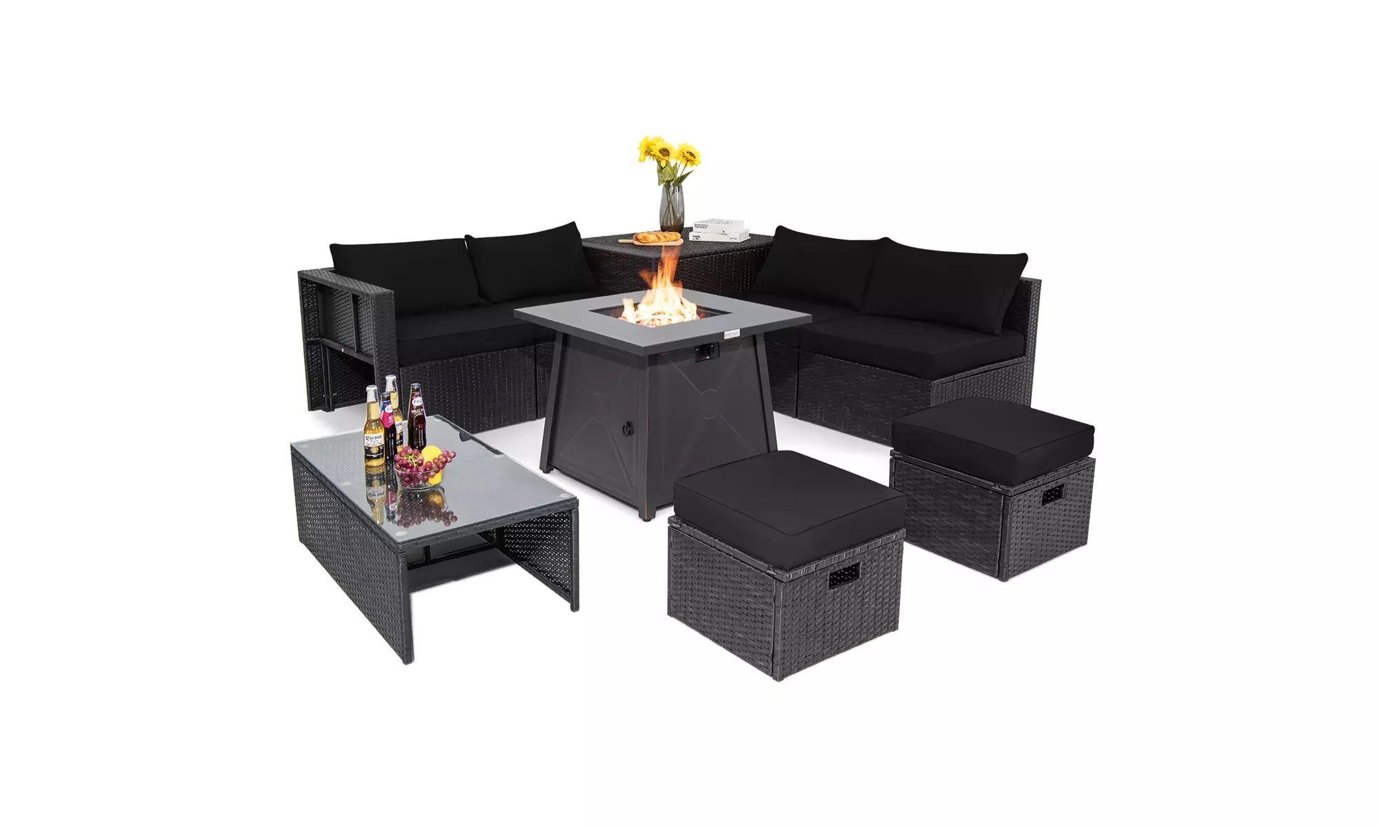 Costway 9PCS Patio Rattan Furniture Set Fire Pit Space-saving W/Cover  Cushion