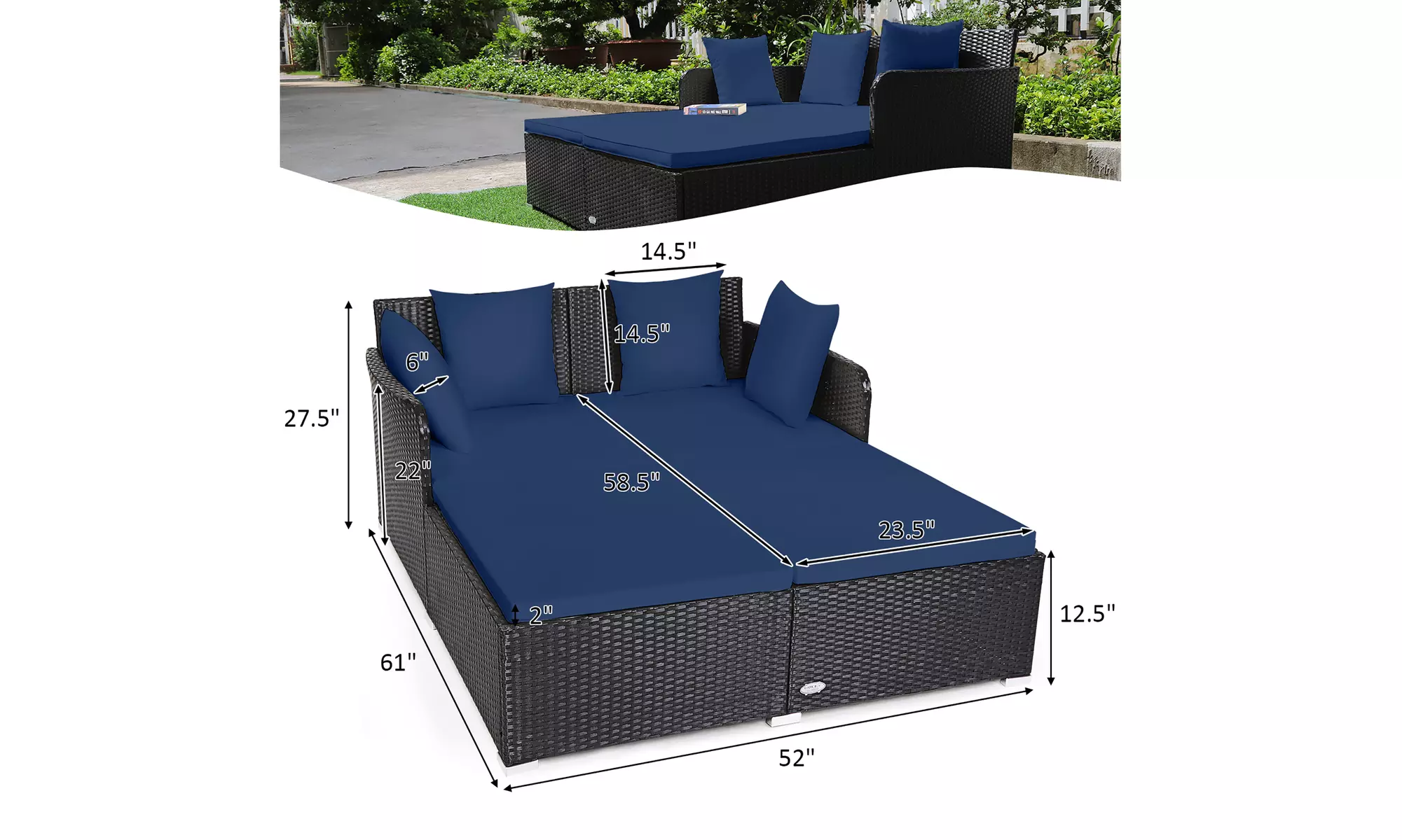 Costway Outdoor Patio Rattan Daybed Pillows Cushioned Sofa Furniture