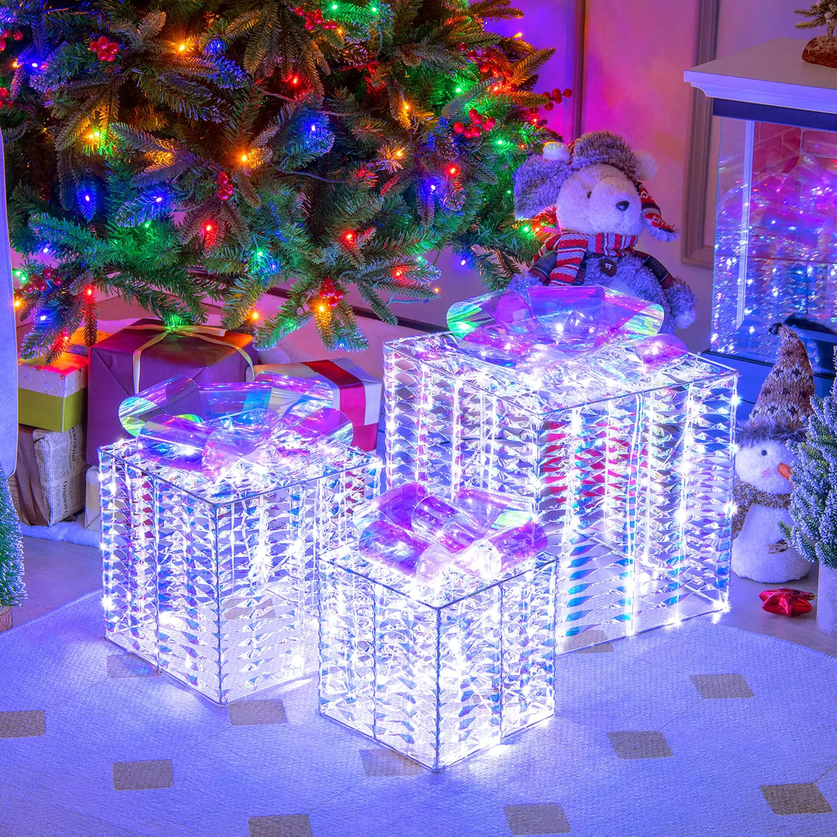 Costway 3 Sets Iridescent Christmas Gift Box LED Lighted Present Box Decor Yard