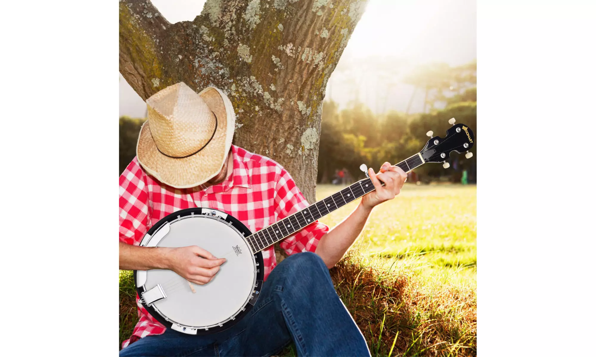 Sonart 5 String Geared Tunable Banjo 24 Brackets Closed Back Remo Head w/ Case - Primary Image