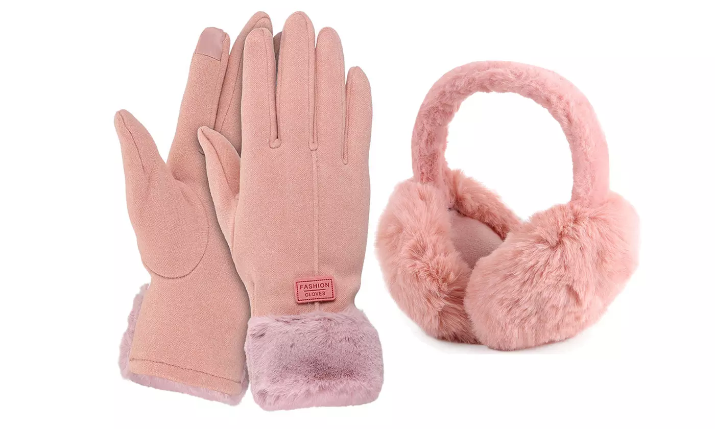 Womens Winter Glove Foldable Faux Fur Earmuffs Set