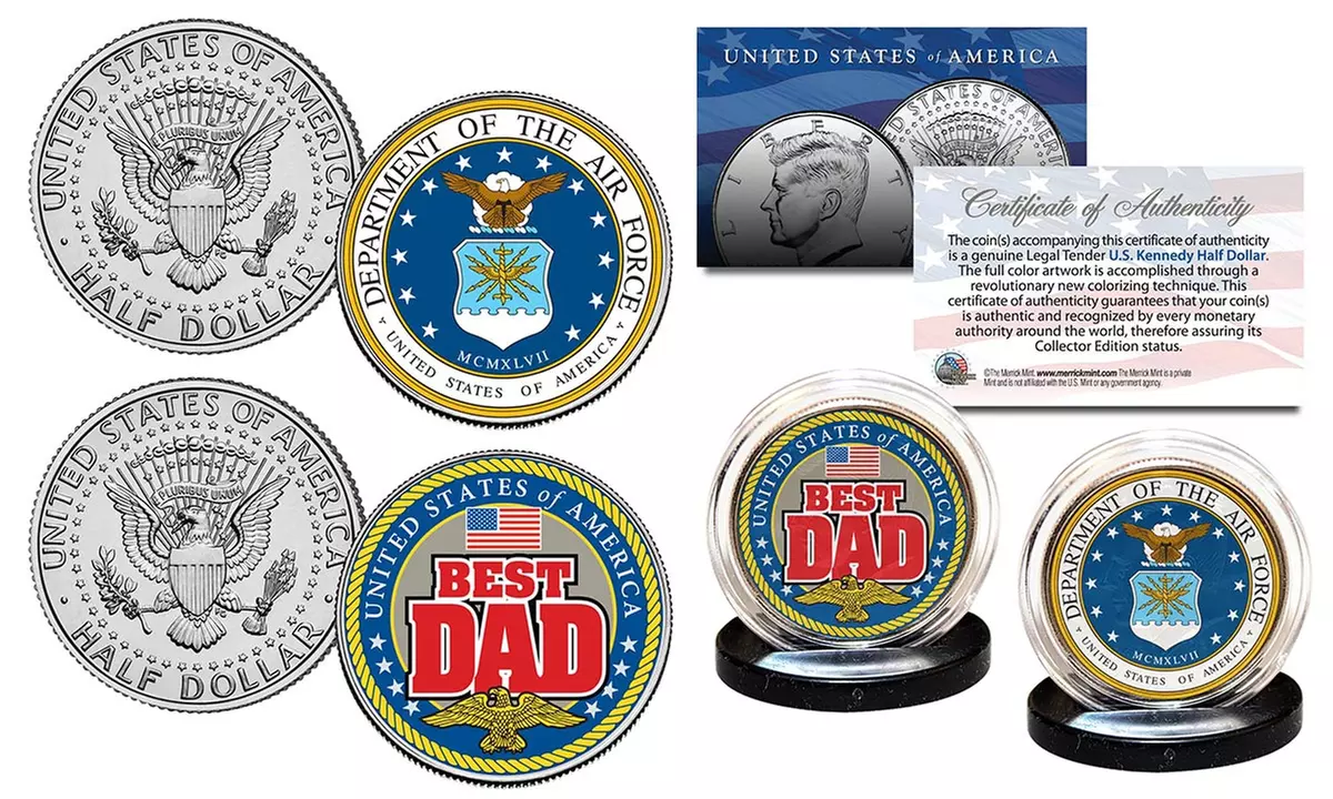 Best DAD - Happy Father's Day JFK Half Dollar 2 Coin Set -Choose Military Branch - Second Medium