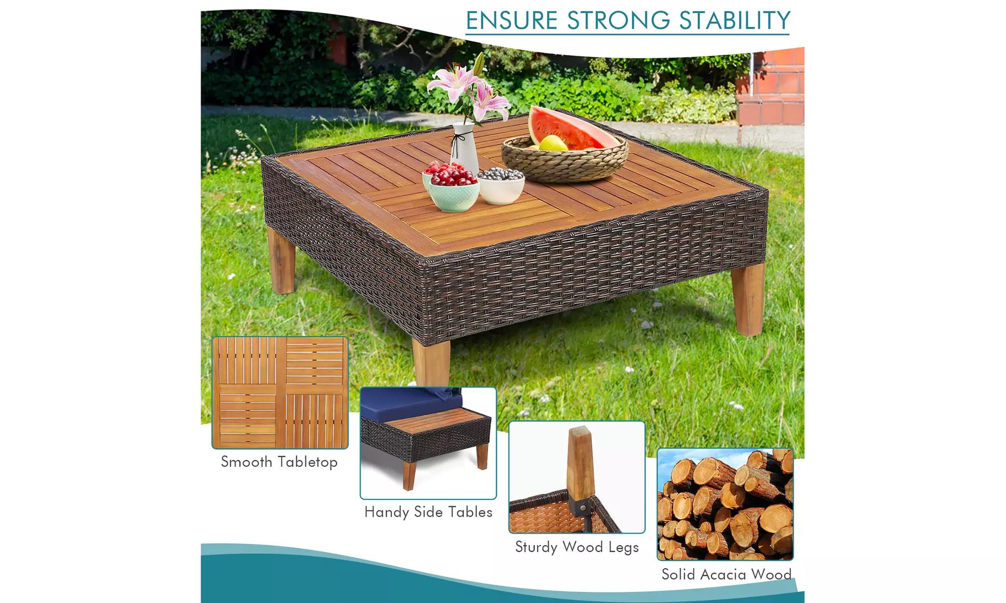 Costway 4PCS Patio Rattan Furniture Set Cushioned Loveseat w/Wooden Side Table