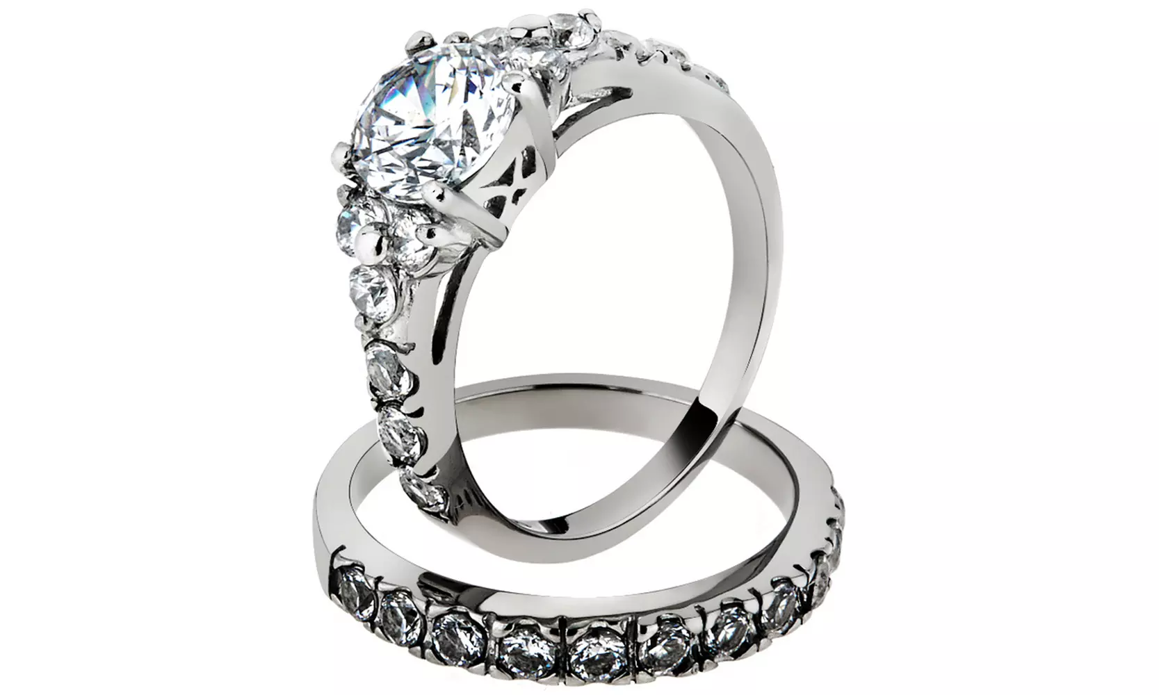 Womens 2.50ct Round Cut Cubic Zirconia and Stainless Steel Wedding Ring Set