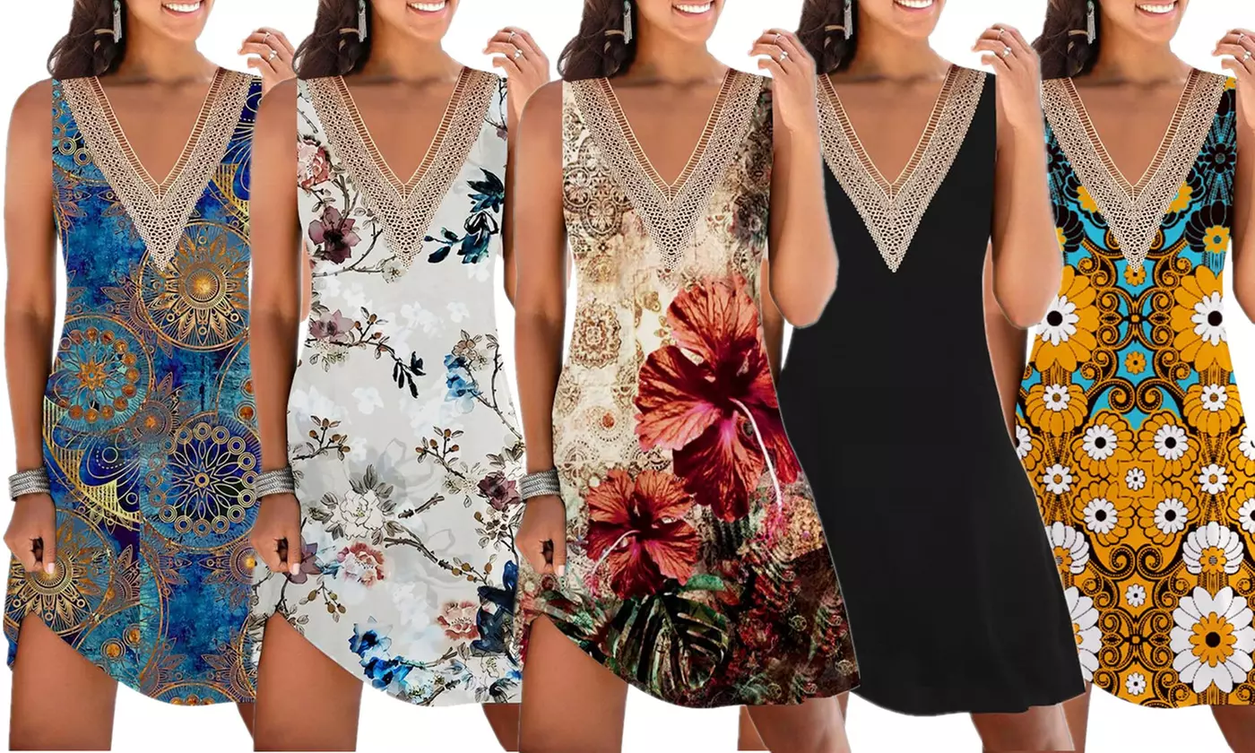 Women's Sleeveless Casual Swing Dress V Neck T Shirt Dress with Pockets