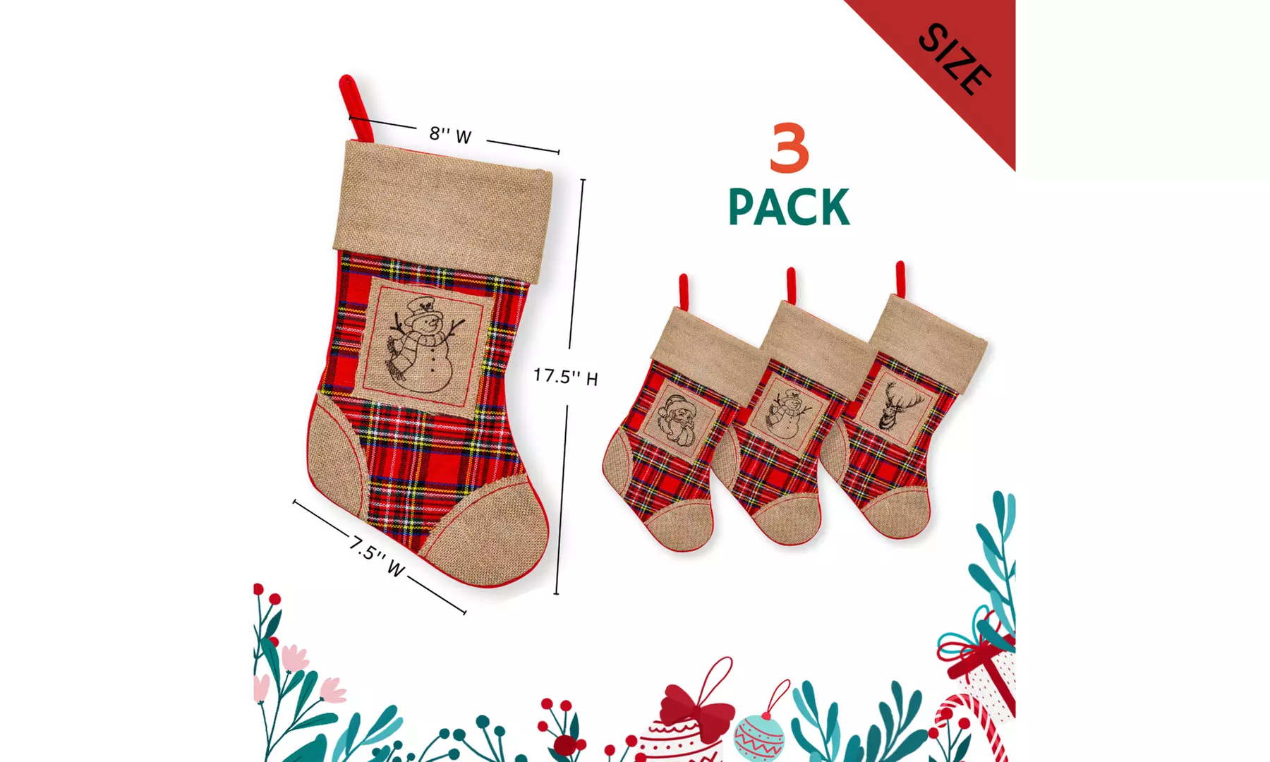 Jolly Christmas Stockings 2-Pack or 3-Pack Festive Holiday Décor