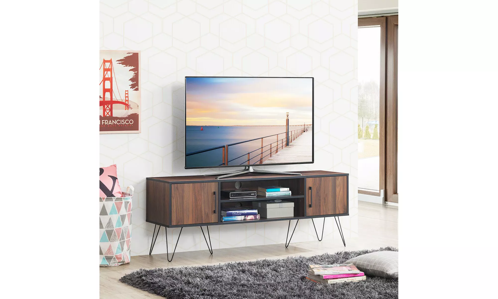 Costway TV Stand Center Storage Cabinet & Shelf Hold up to 60" W/ Metal leg - Primary Image