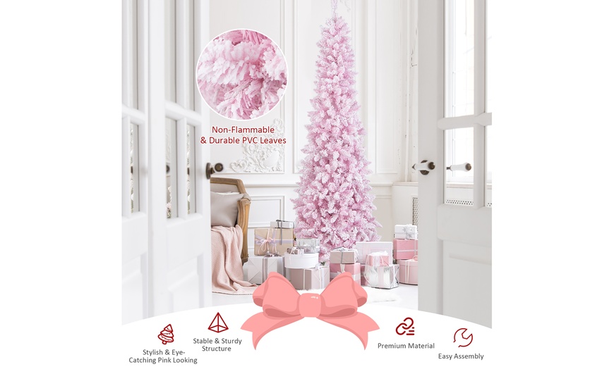 Costway 7FT Pre-Lit Snow Flocked Hinged Pencil Christmas Tree 300 ...