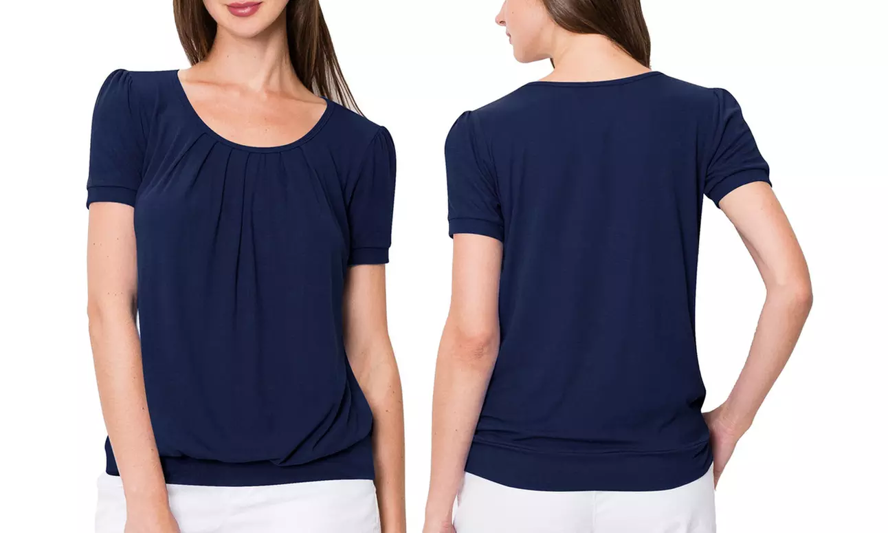 Made by Johnny Women's Scoop Neck Short Sleeve Front Pleated Blouse