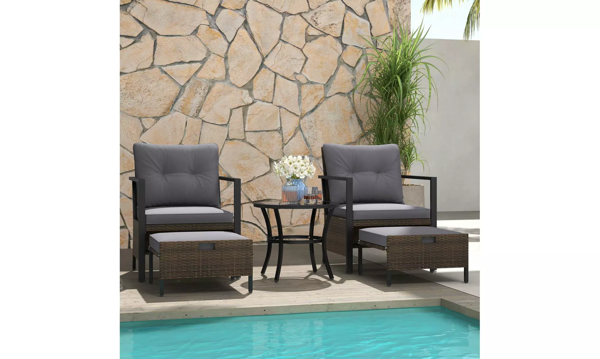 Costway 5 PCS Outdoor Furniture Set Rattan Chairs & Ottomans with Coffee Table