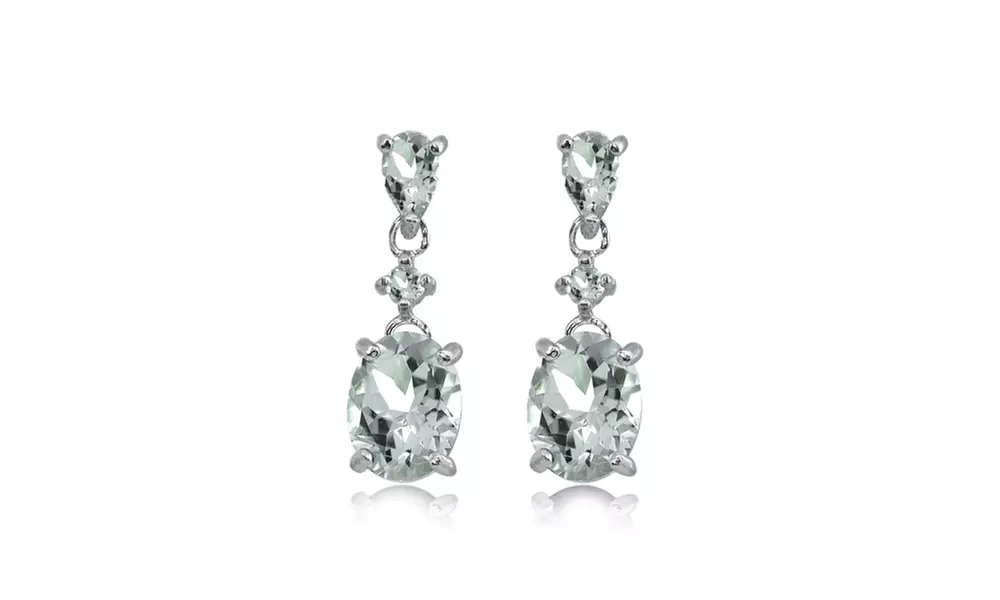 Light Aquamarine Oval Three Stone Dangling Stud Earrings in Sterling Silver - Primary Image