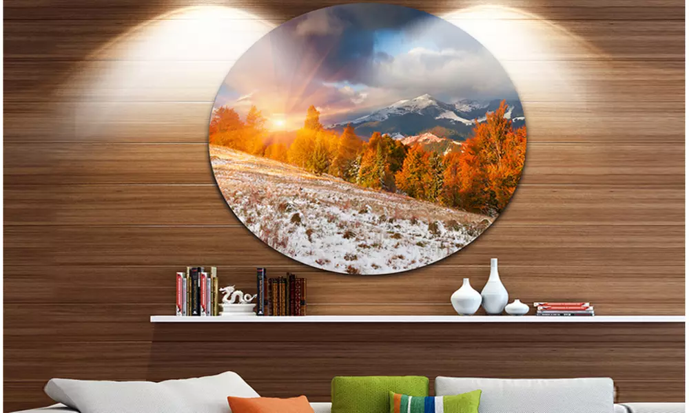 First Snow in Carpathian Mountains' Landscape Photography Circle Metal Wall Art - Primary Image