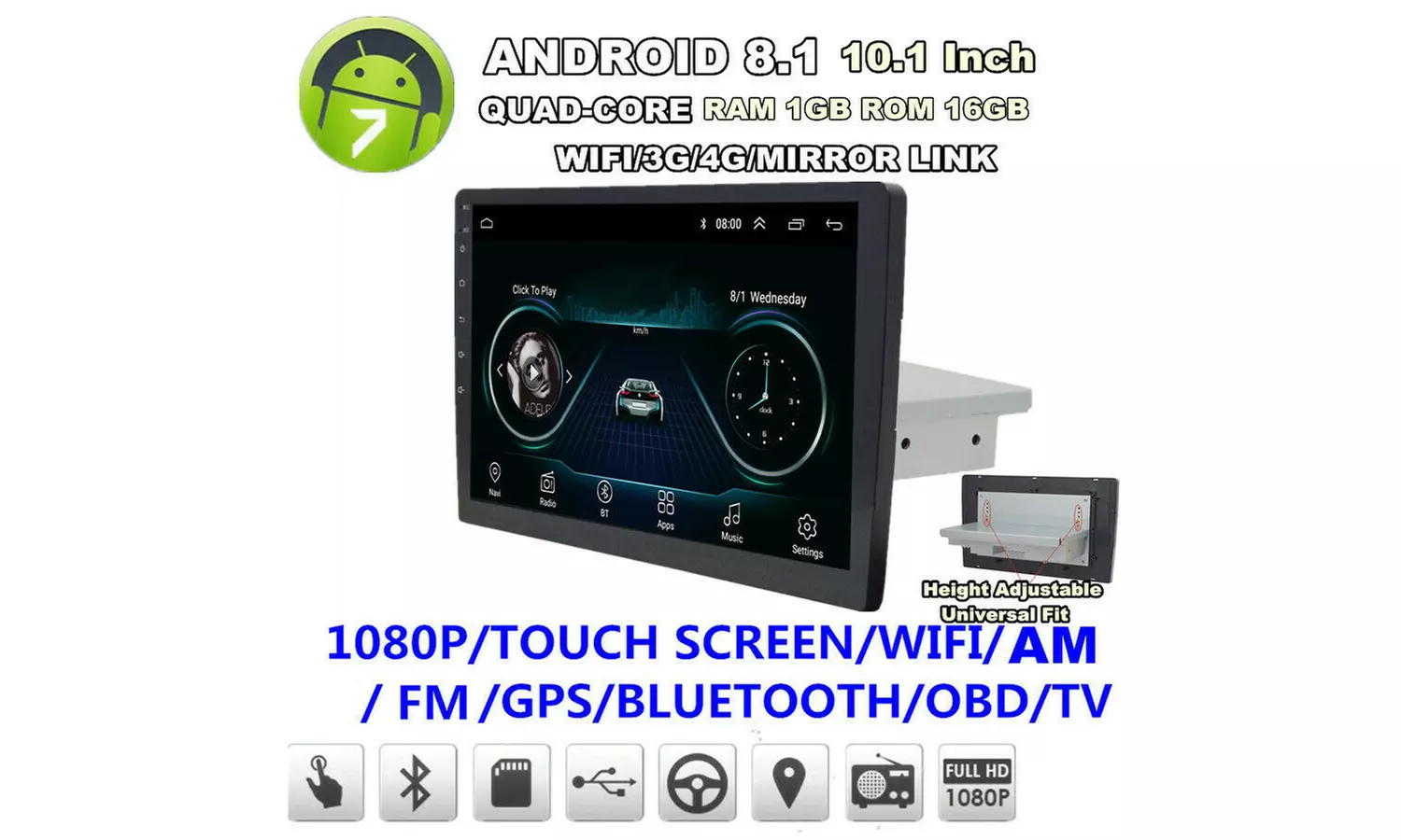 10.1"Android 8.1 Single Din Stereo Radio Player Wifi 3G 4G BT Car GPS Navigation - Second Medium