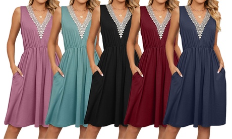 Women'sCasual V-Neck Summer Dresses Sleeveless Midi Sundress With Side Pockets S Black Casual Summer Dress