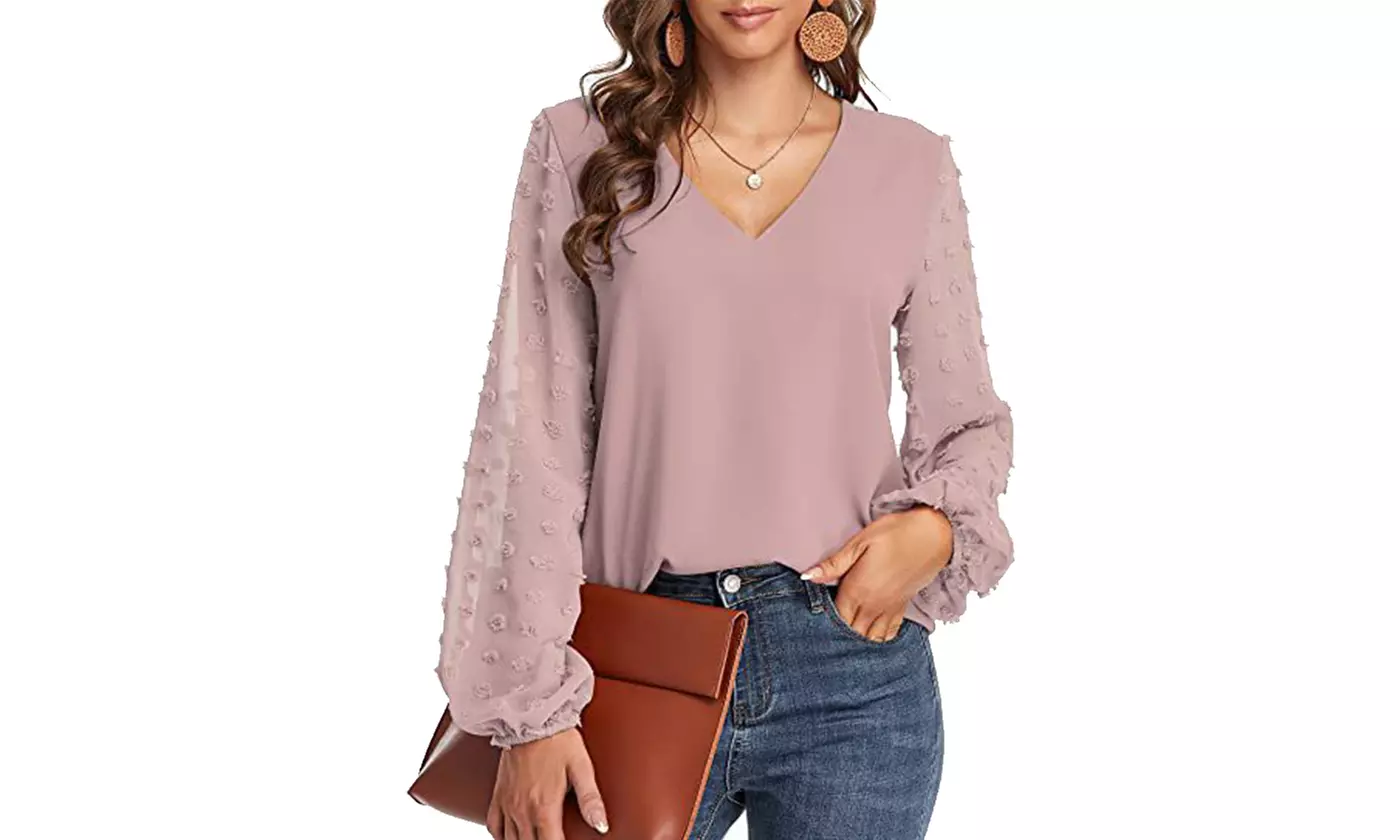 Women Lantern Sleeve V Neck Chiffon Blouses Casual Work Shirts