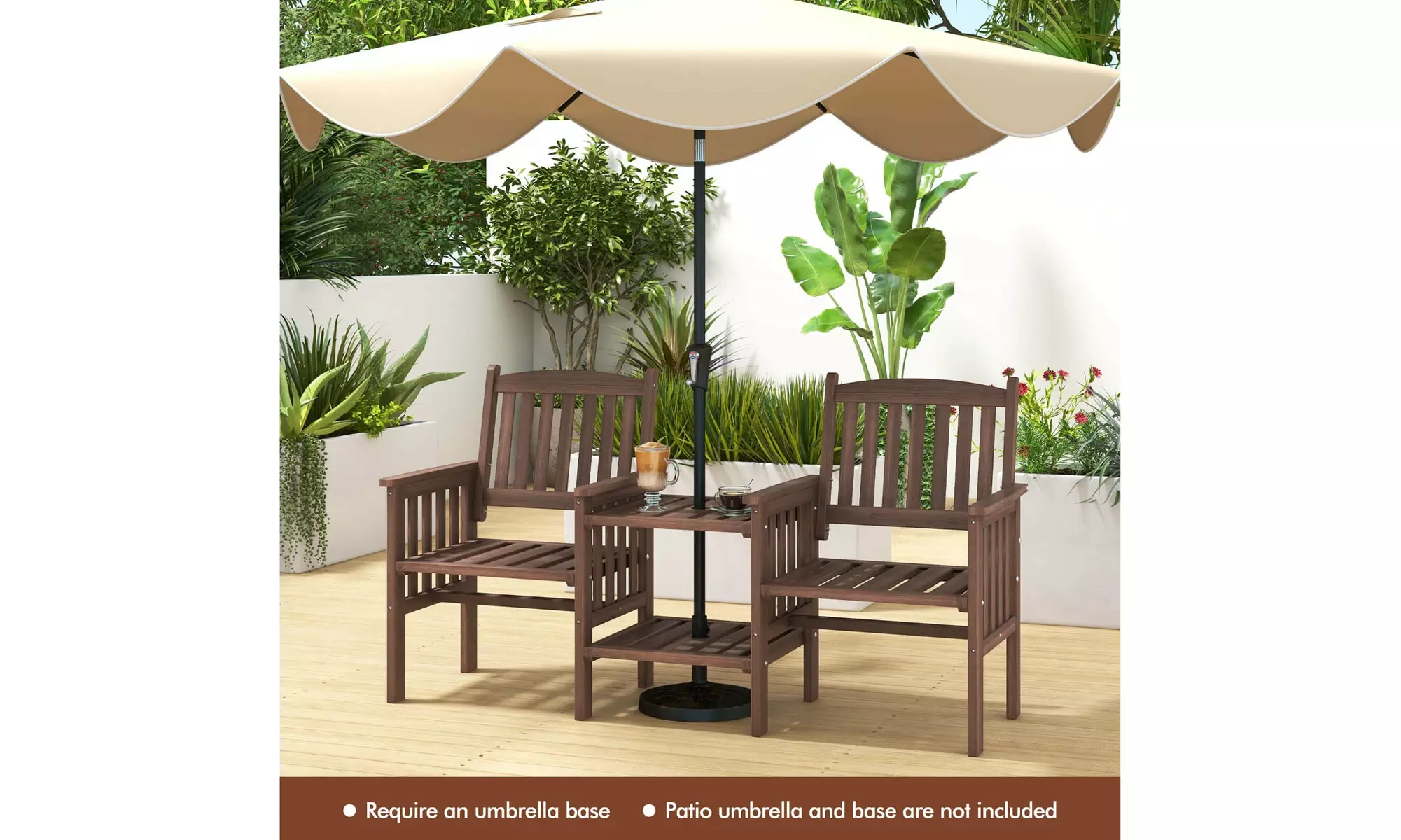 Costway Outdoor Fir Wood Loveseat with 2-Tier Side Table and 1.96" Umbrella Hole