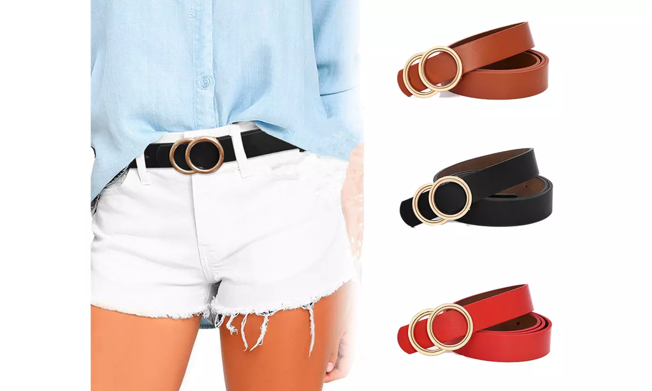 Women Leather Belts Faux Leather Jeans Belt with Double O-Ring Buckle - Primary Image