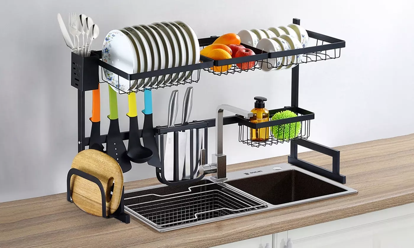 NewHome Over the Sink 2-Tier Dish Rack and Utensil Holder Organizer