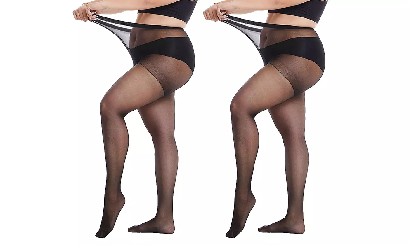 2 Pairs Women' Plus Size Pantyhose High Waist Sheer Queen Tights Control Top