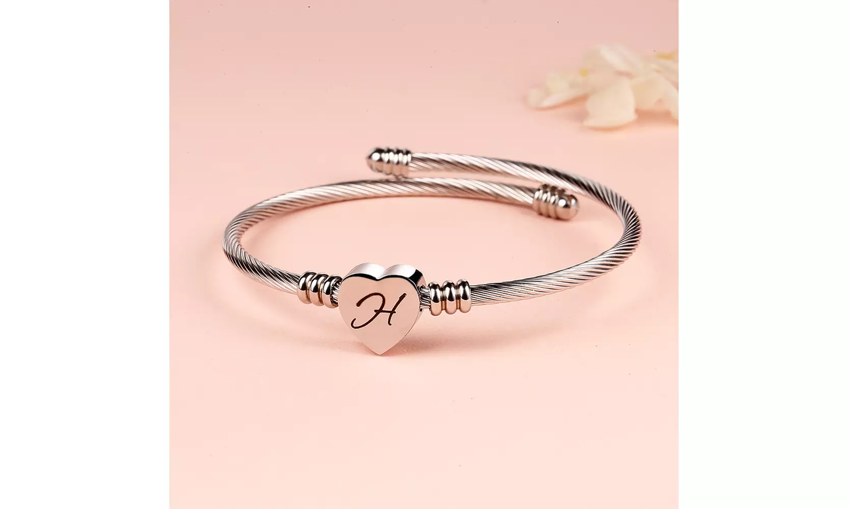 Twisted Steel Heart Cable Initial Bracelet