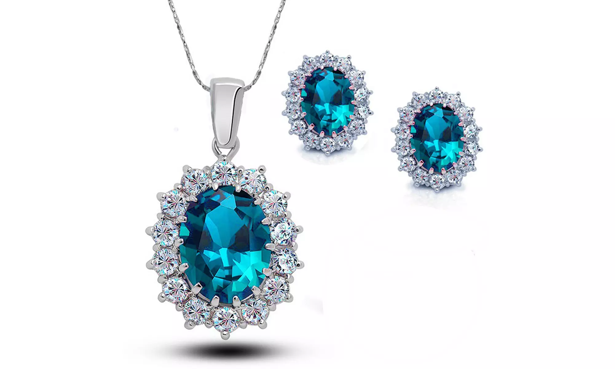 14k white Gold plated 4 Ct Oval Shape Aquamarine 18 Inch Necklace & Earrings Set - Primary Image