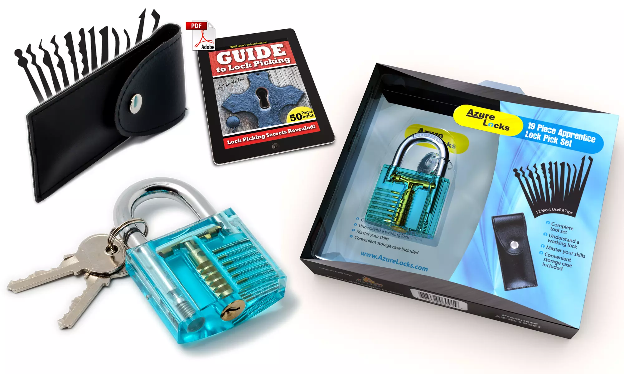 Lock Pick Set Complete 19 Piece - With Transparent Padlock - Primary Image