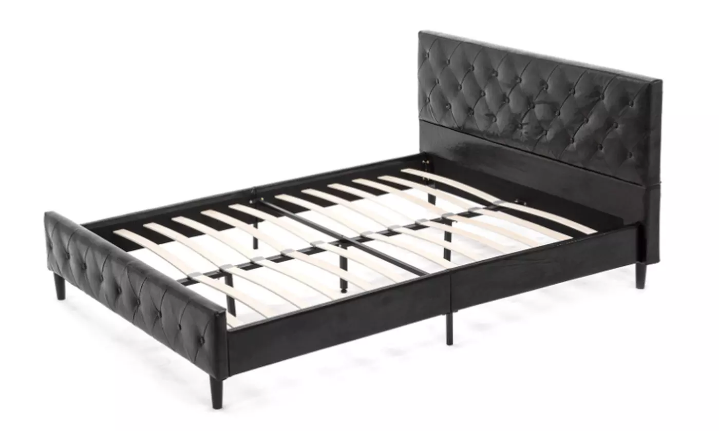 Queen Bed Frame Size Black PU Leather Button Tufted Upholstered Metal Platform - Primary Image