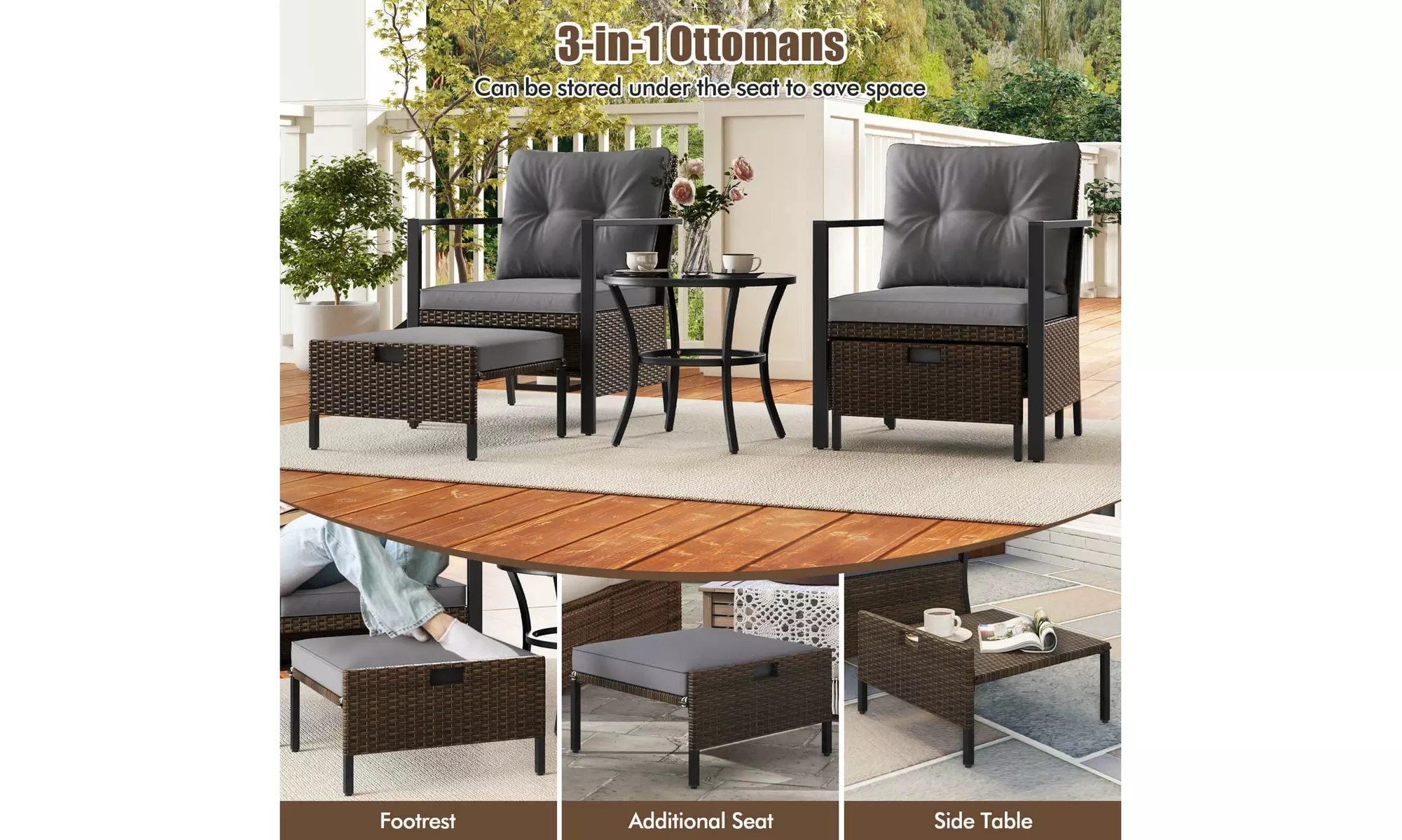 Costway 5 PCS Outdoor Furniture Set Rattan Chairs & Ottomans with Coffee Table