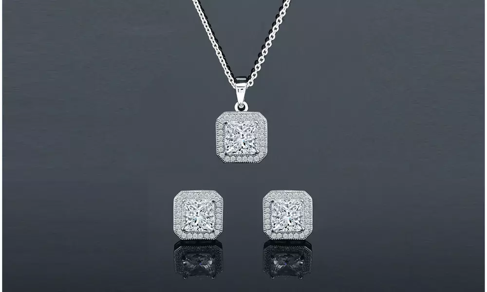 Cubic Zirconia Stones Halo Pendant and Stud Earrings Set (2 Pack) - Primary Image