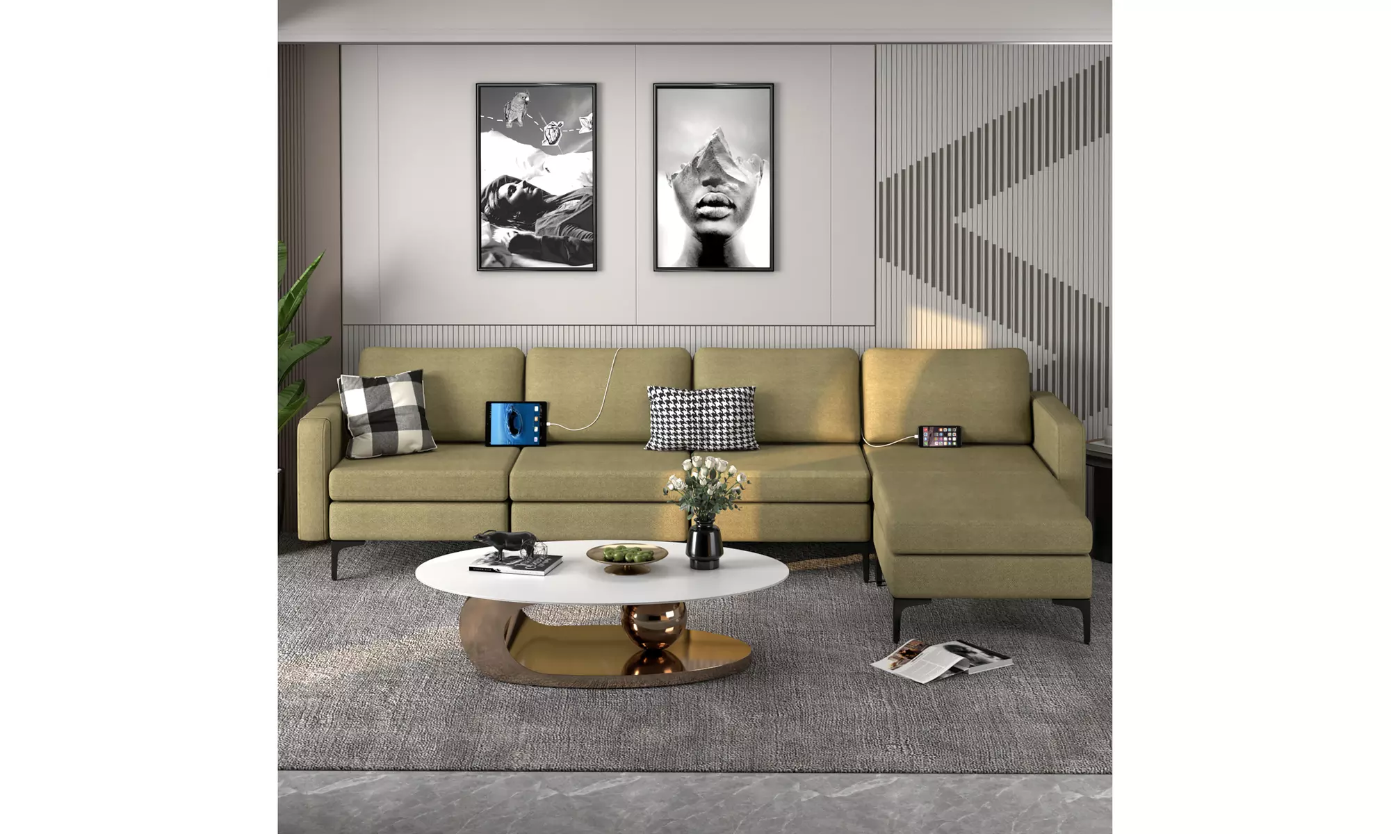 Costway Modular L-shaped Sectional Sofa with Reversible Chaise and 4 USB Ports 