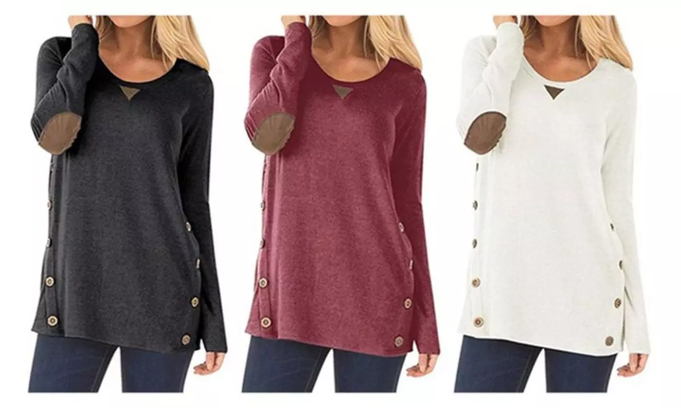 Womens Casual Long Sleeve Round Neck Pocket T Shirts Blouses Sweatshirts Tops - Primary Image