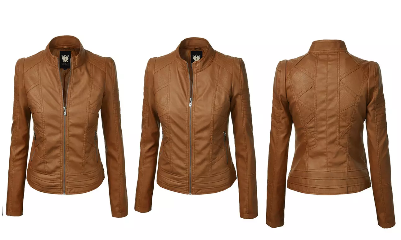 Made By Johnny Womens Faux Leather Zip Up Moto Biker Jacket