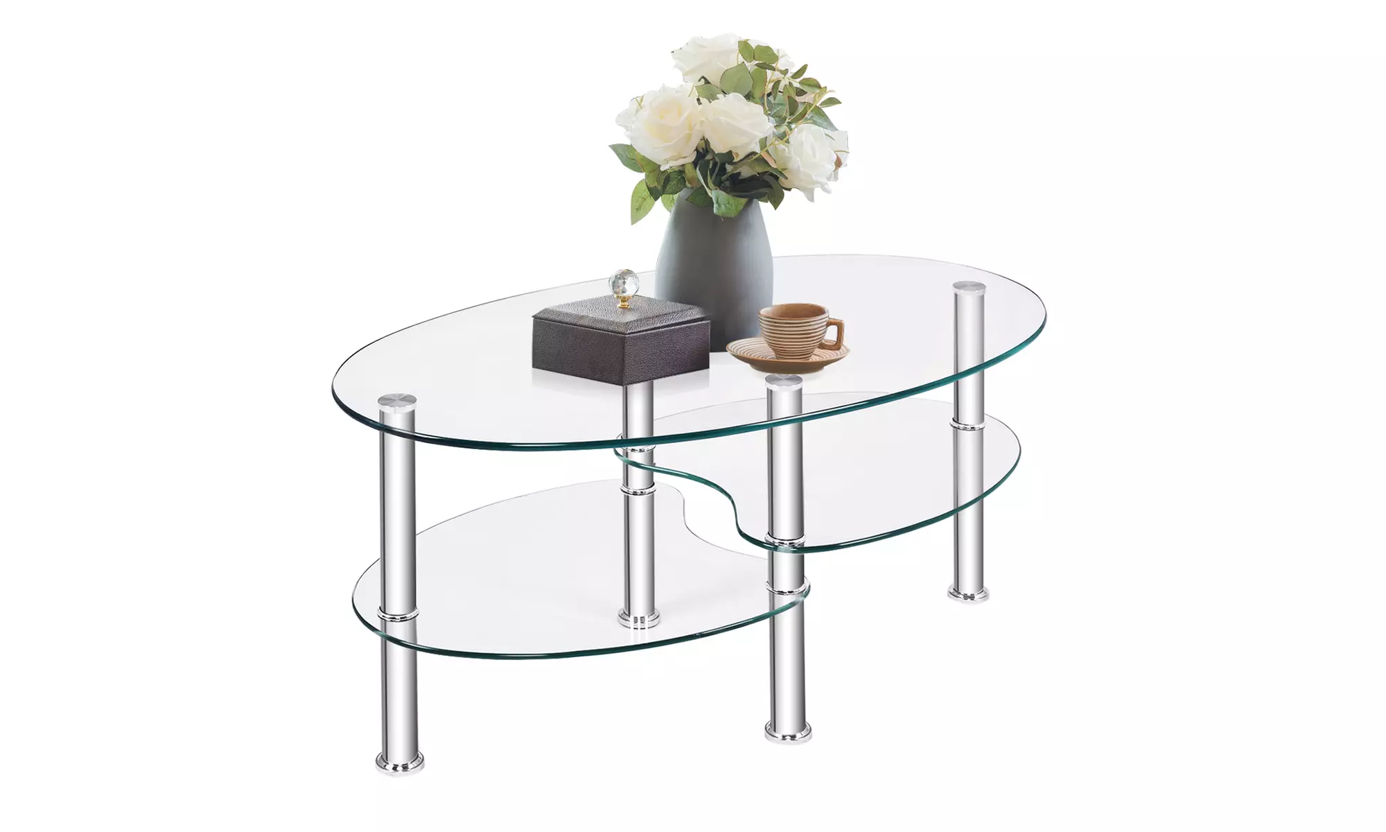 Costway Tempered Glass Oval Side Coffee Table Shelf Chrome Base - Primary Image
