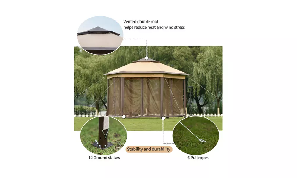 U-style Iron hexagon Patio Gazebo khaki