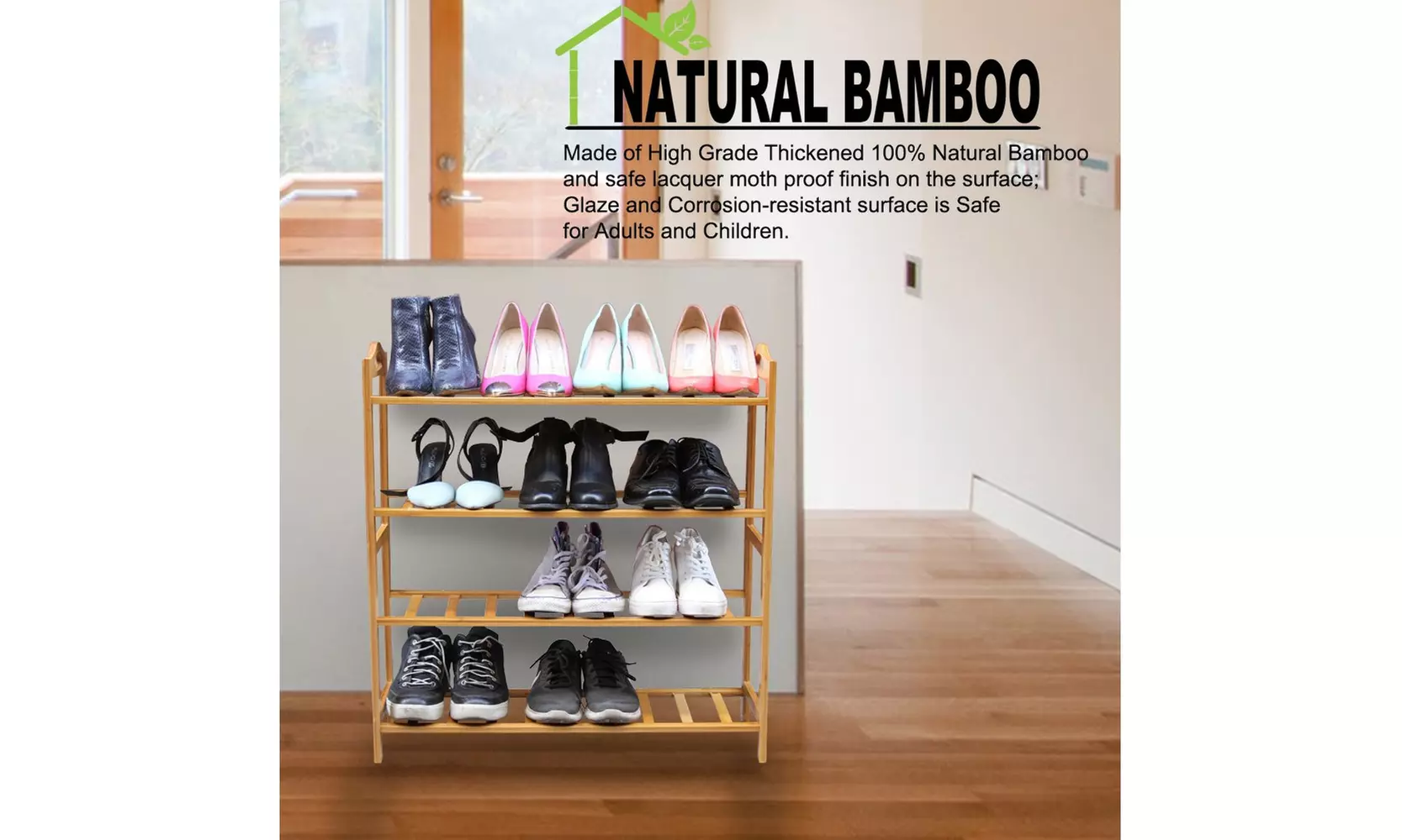 Bamboo Shoe Rack 4-Tier Entryway Shoe Shelf Storage Organizer - Primary Image