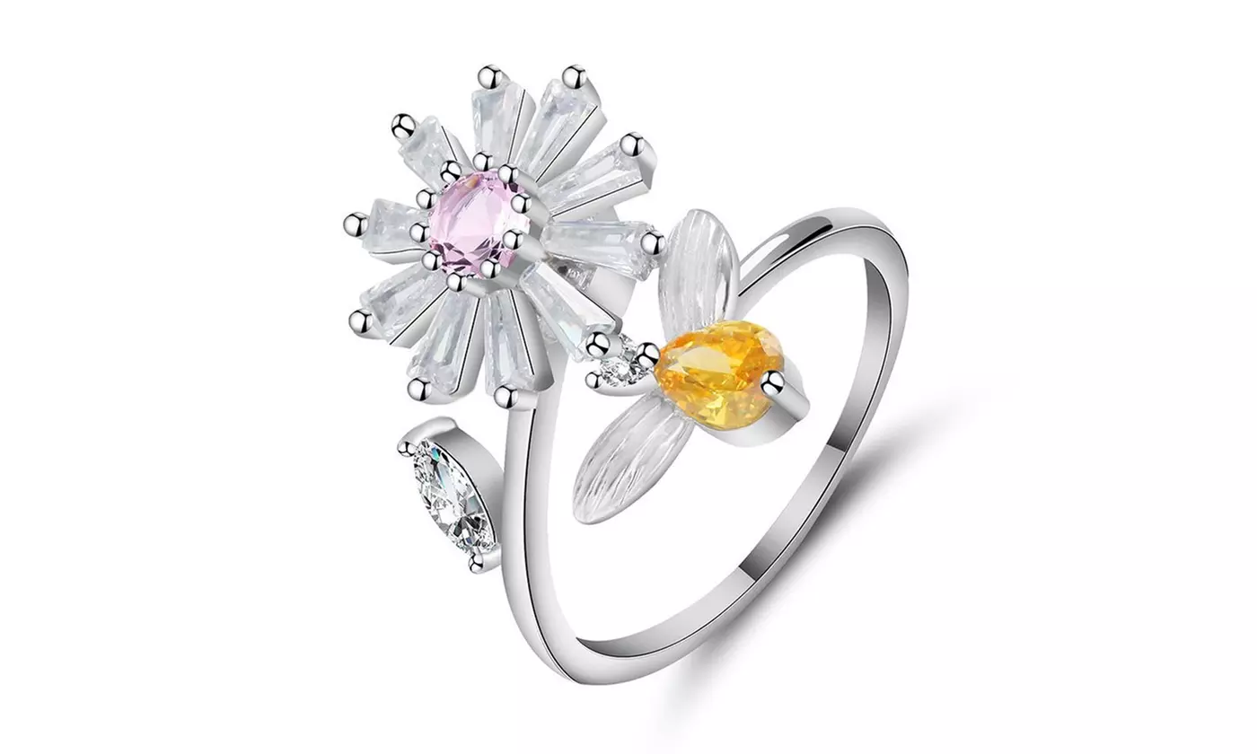 Spinner Fidget Rings Zirconia Daisy Adjustable Open Ring