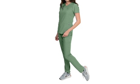 Medgear Women'sStretch Scrubs Set Cross Over Neckline Top And Slim Leg Pants L Caribbean