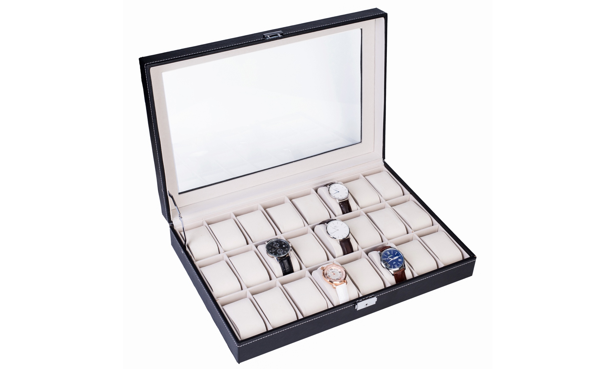 PU Leather Watch Cushion Display Glass Top Organizer Box(6,10,12,20,24 Slots)