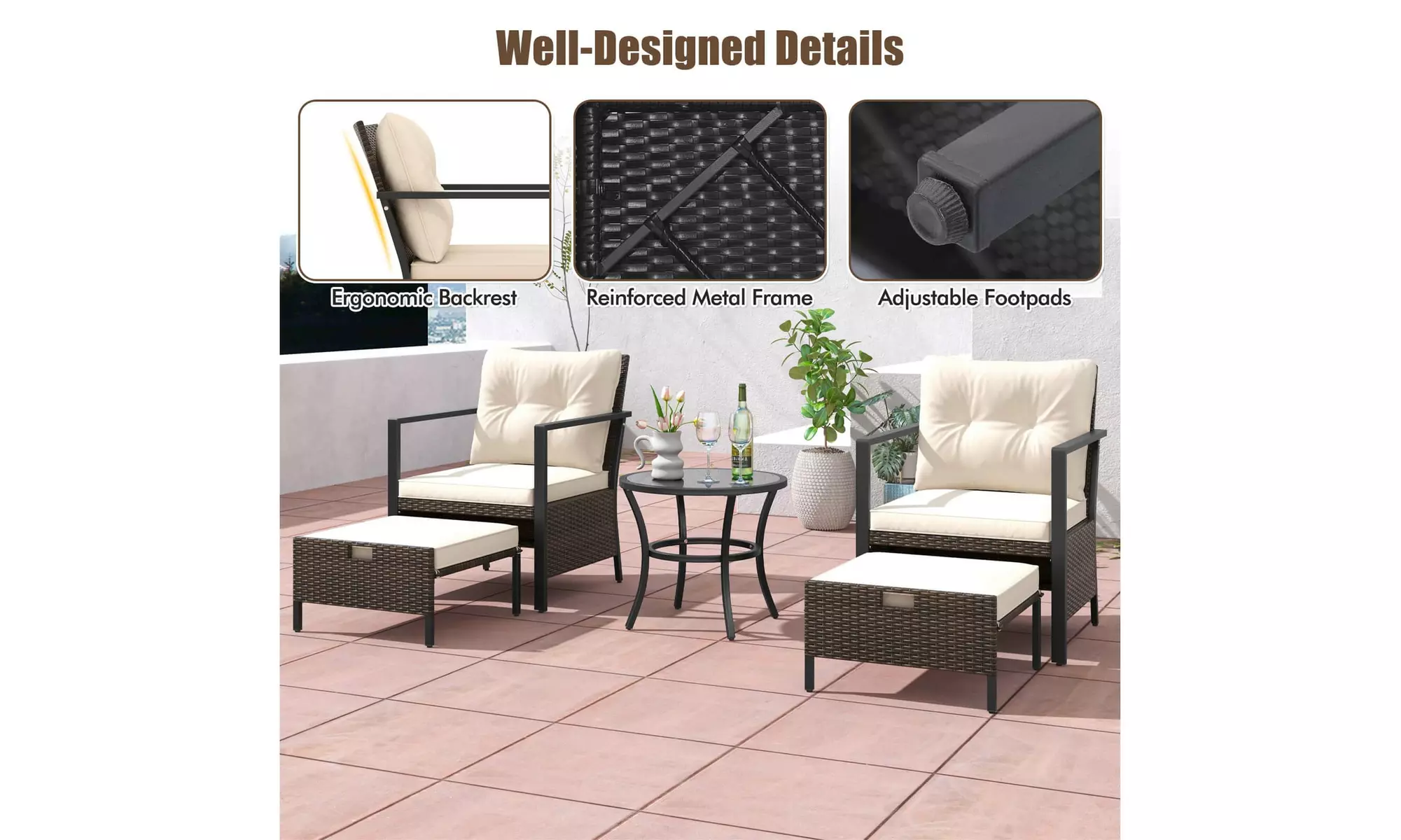 Costway 5 PCS Outdoor Furniture Set Rattan Chairs & Ottomans with Coffee Table