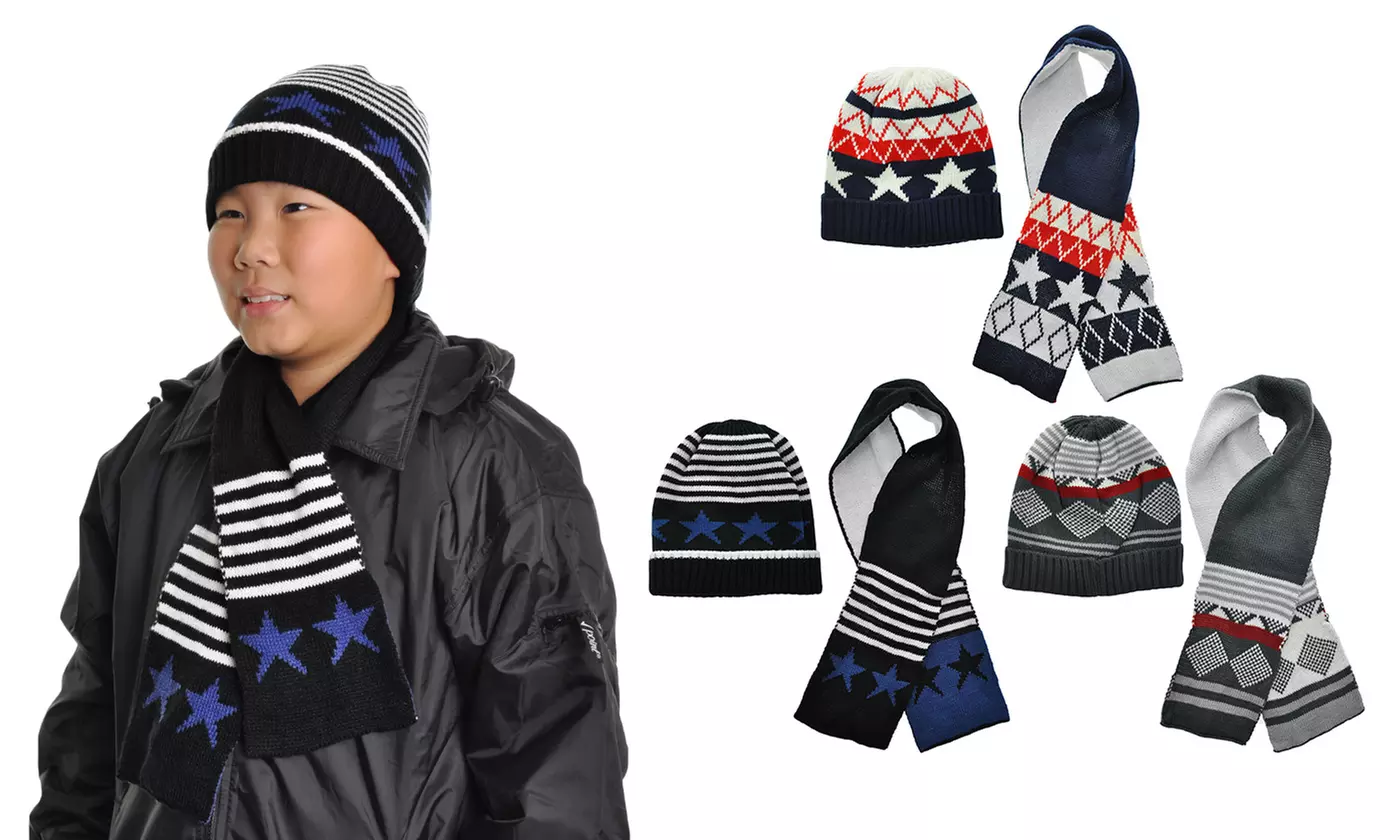 Kids Winter-Weight Knitted Beanie and Scarf Set (3-Pack) - Primary Image