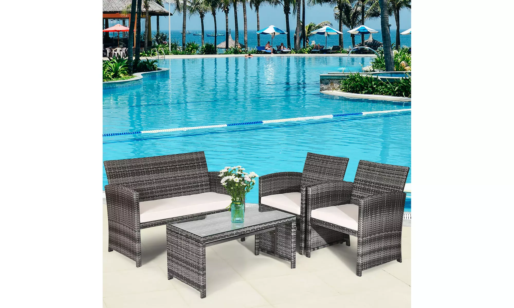 4PCS Patio Rattan Furniture Set Conversation Glass Table Top Cushioned Sofa - Primary Image