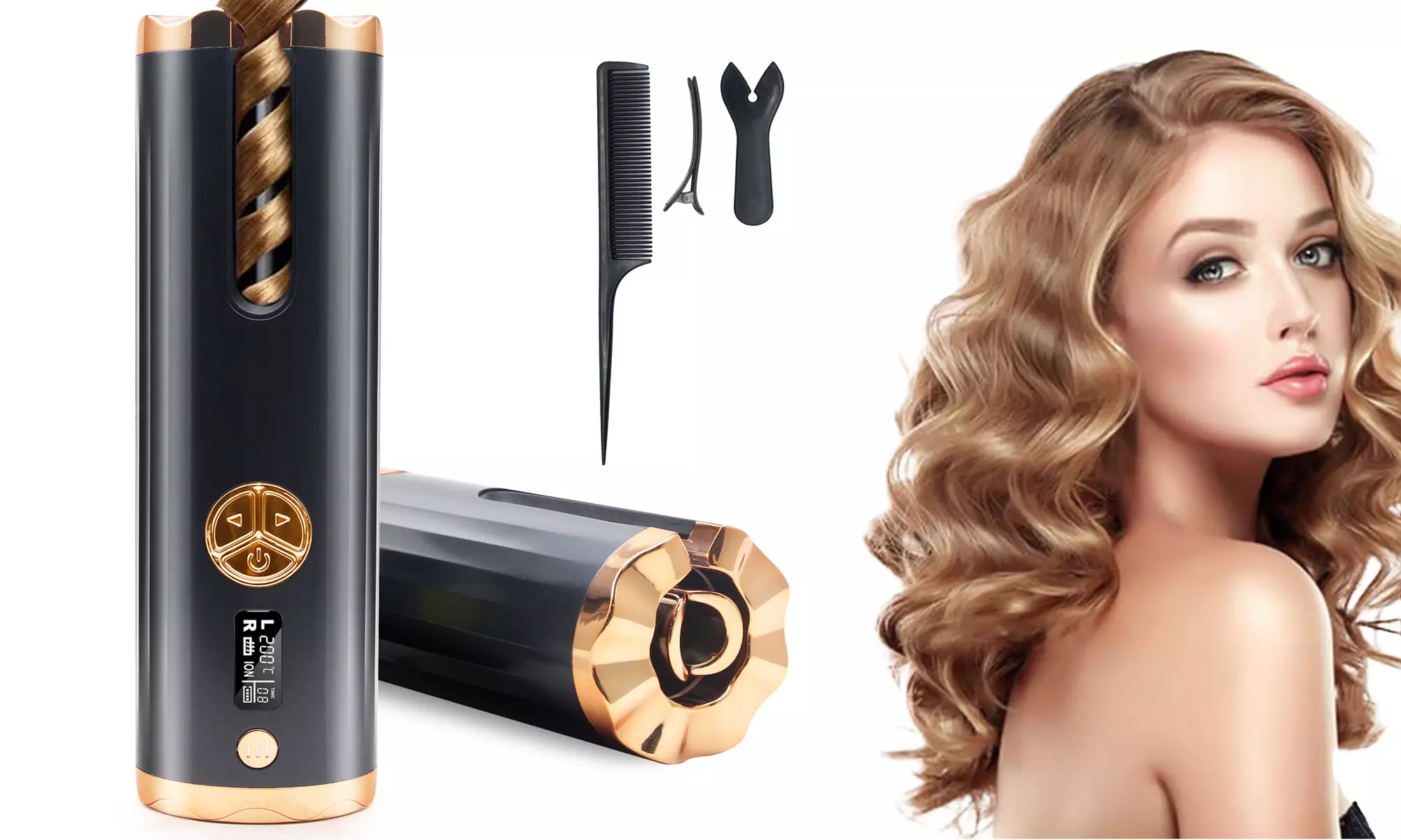 Automatic Curling Iron Wand , Cordless Hair Curler Adjustable Temperature  - Primary Image