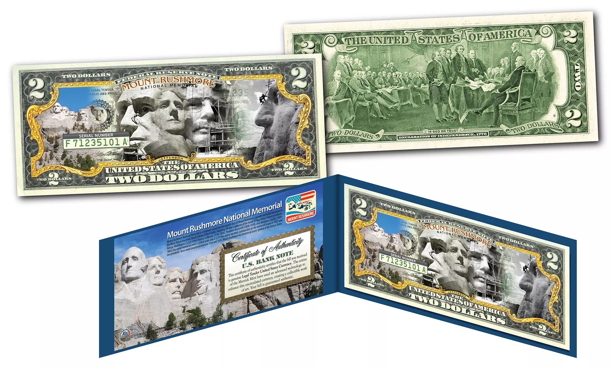 Mt. Rushmore National Memorial Colorized U.S. 1 or 2 Dollar Bill - Second Medium