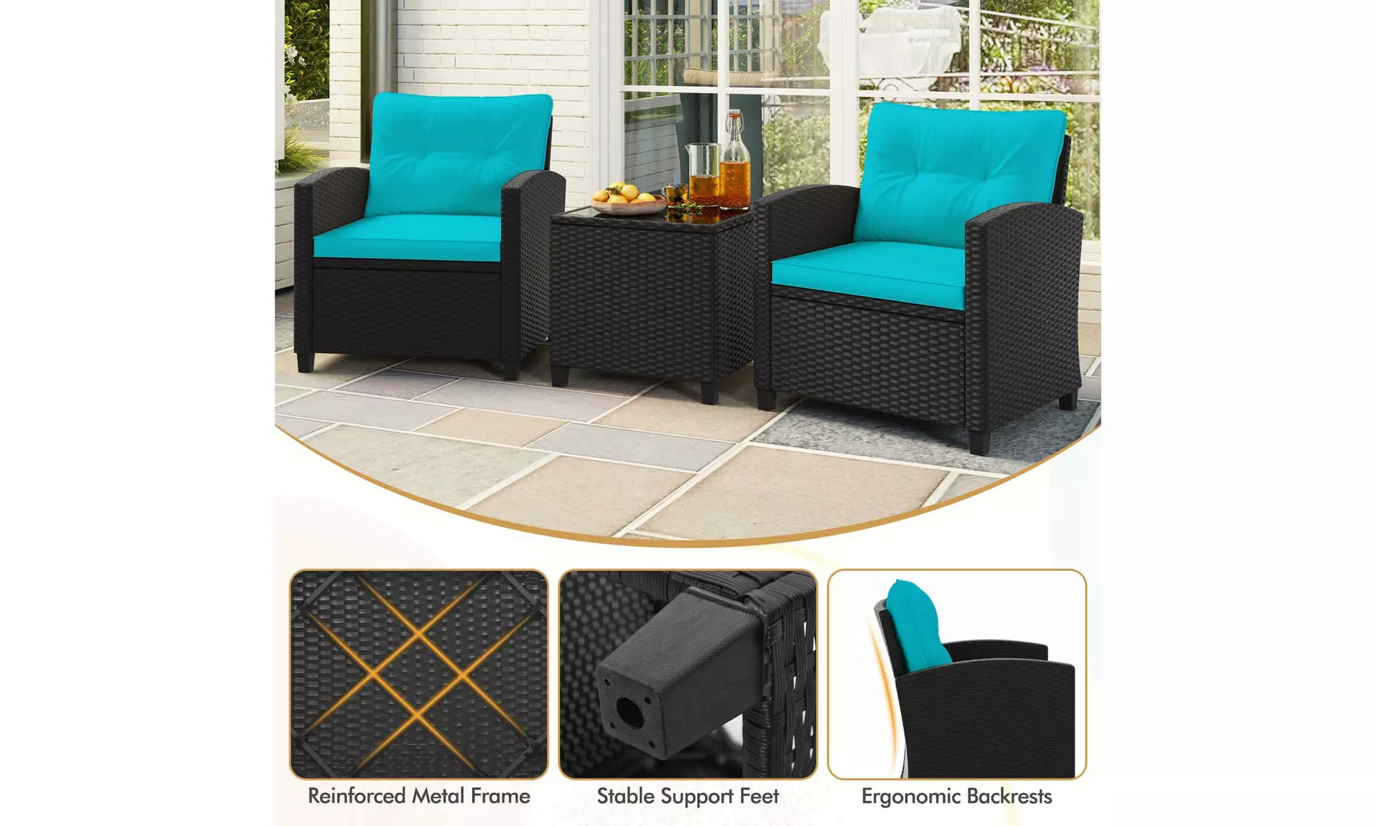  Three-Piece Costway Patio Furniture Set with Tempered Glass Coffee Table