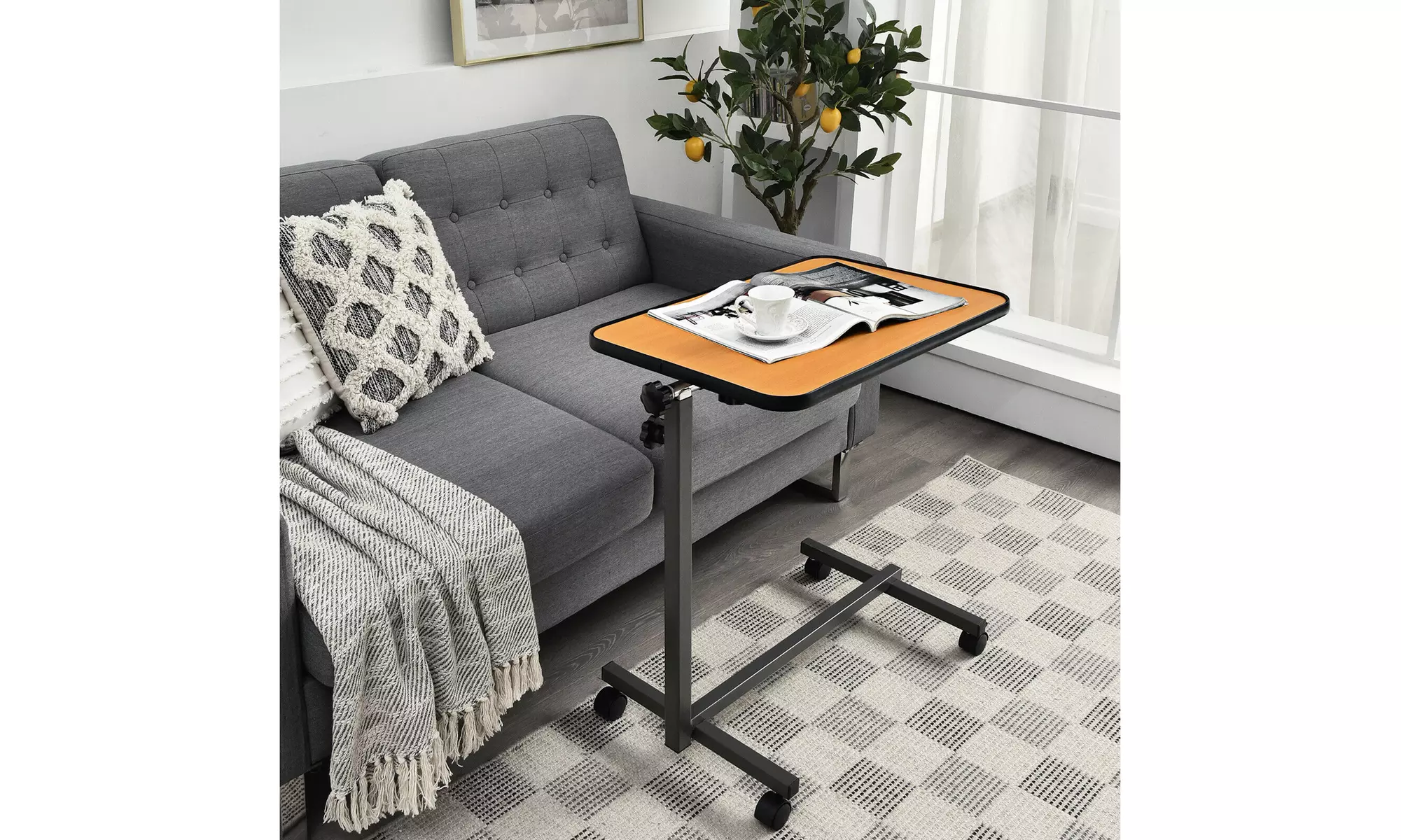 Costway Set of 2 Overbed Rolling Table Over Bed Laptop Desk Tilting Top Natural