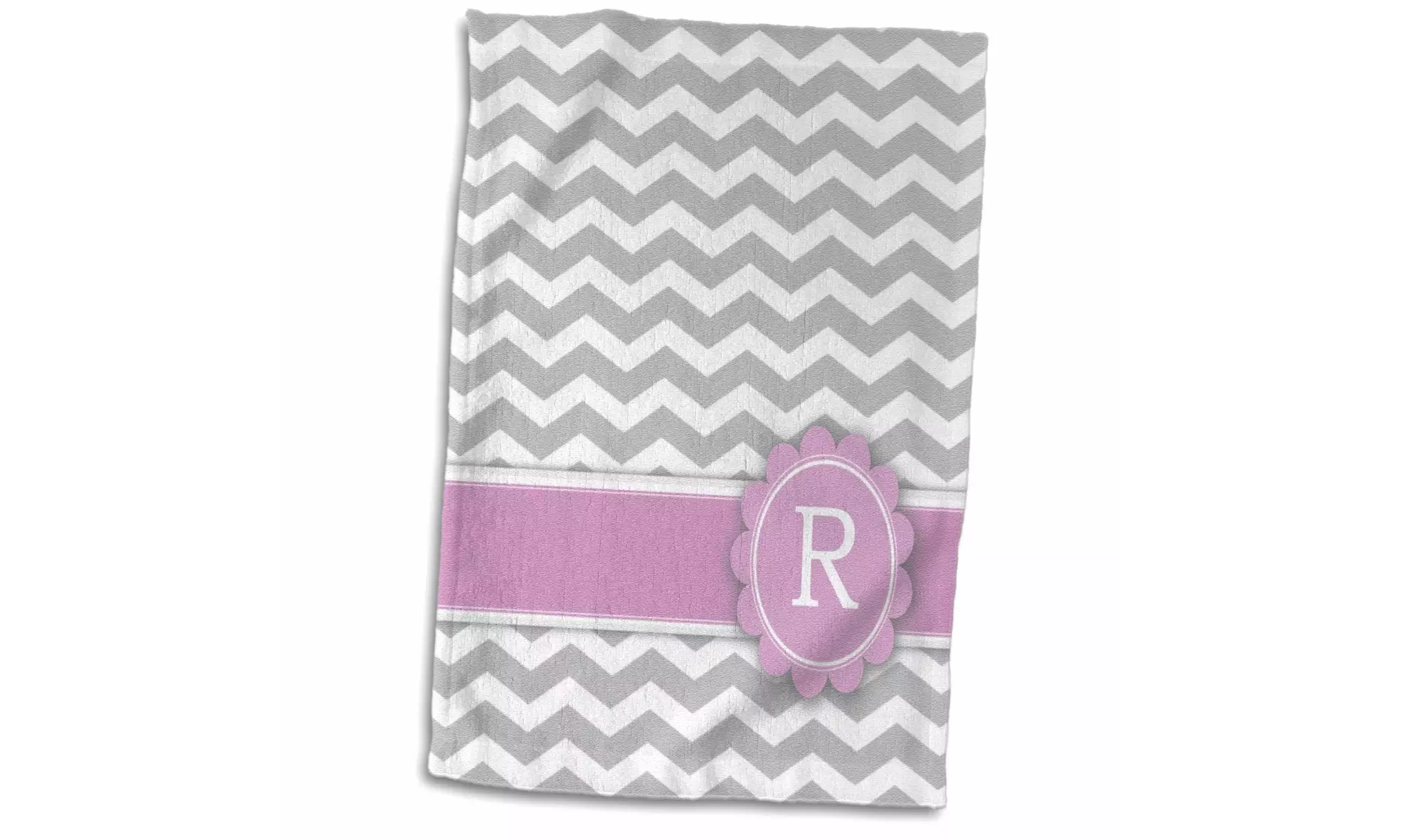  Towel - Letter R monogrammed on grey and white chevron with pink - gray zigzag - Primary Image