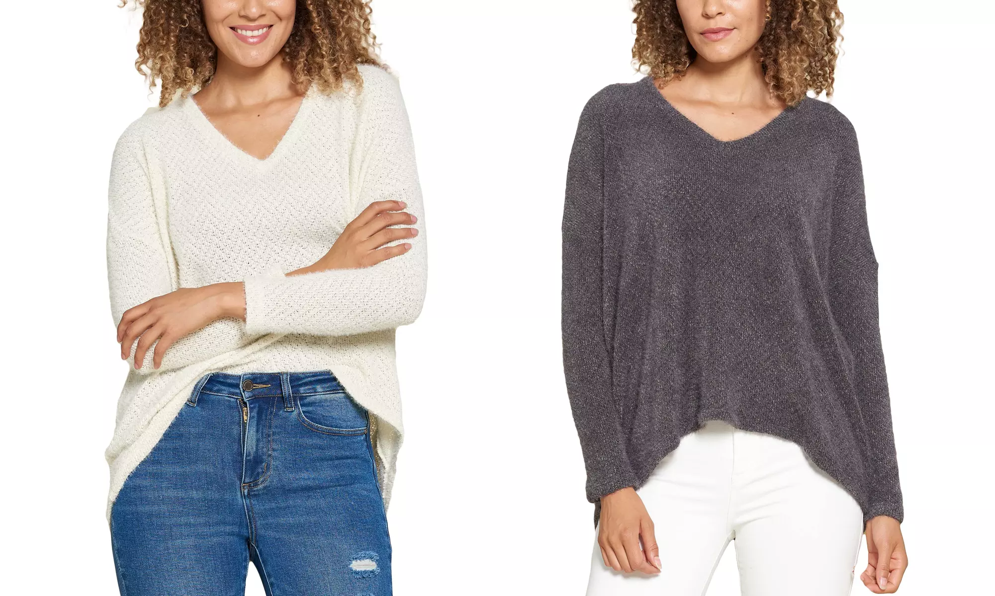 Women's V-Neck Hi-Low Long Sleeve Sweater. Plus Sizes Available. - Primary Image