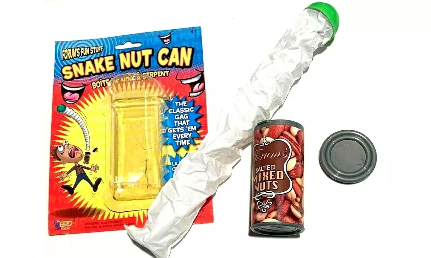 SNAKE MIXED NUT CAN Squeaks Spring Gag Joke Prank Toy Jar Flying Pops Out Jumps - Primary Image