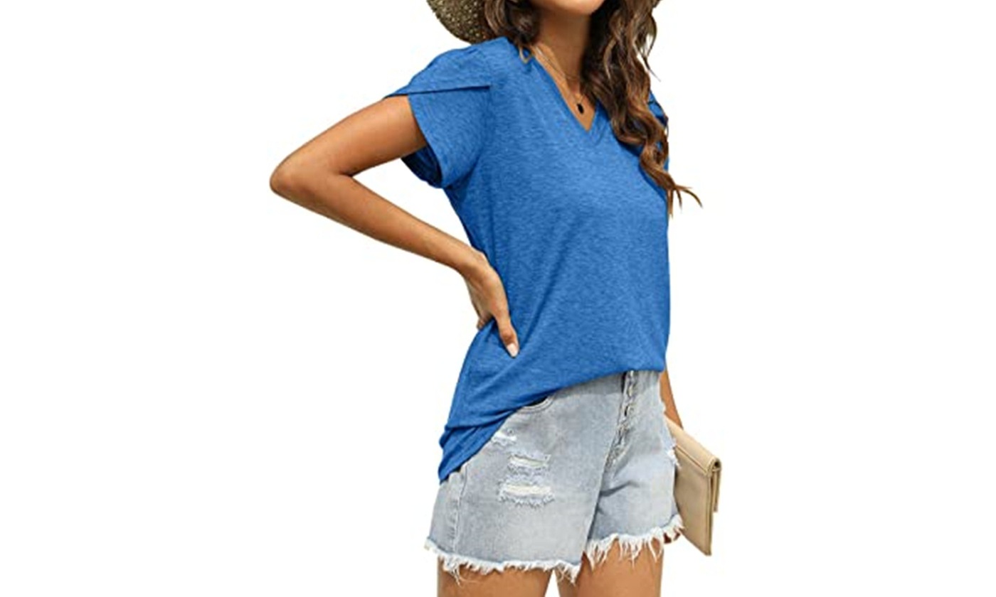 Womens Petal Sleeve Tunic Tops V Neck Short Sleeve Shirts