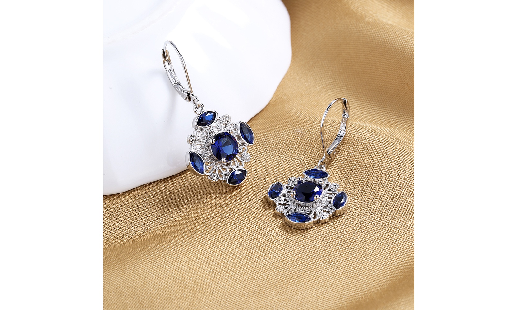 18K White Gold Plated & Sapphire openwork snowflake drop Earrings